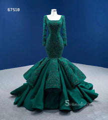 Mermaid Long Sleeve Beaded Dark Green Long Formal Dresses Evening Dresses RSM67518|Selinadress