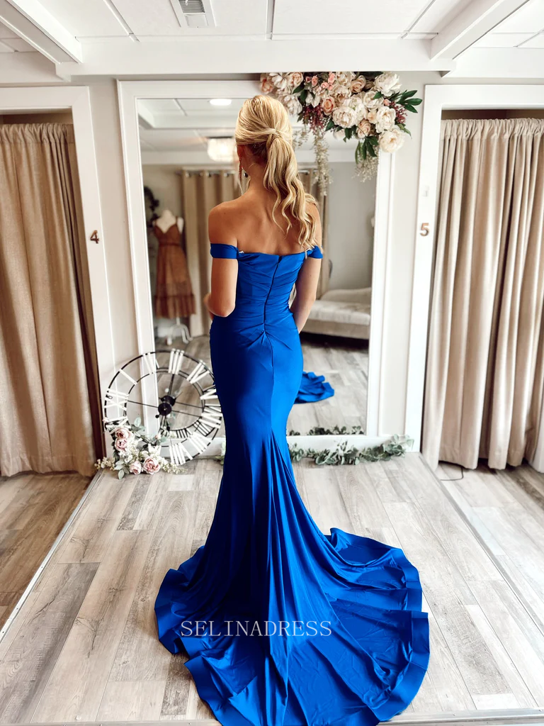 Mermaid Off Shoulder long Prom Dress Royal Blue Cheap Formal Dresses K SELINADRESS