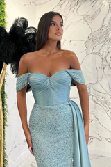 Mermaid Off The Shoulder Blue Prom Dress Sequins Cheap Evening Gowns #POL041|Selinadress