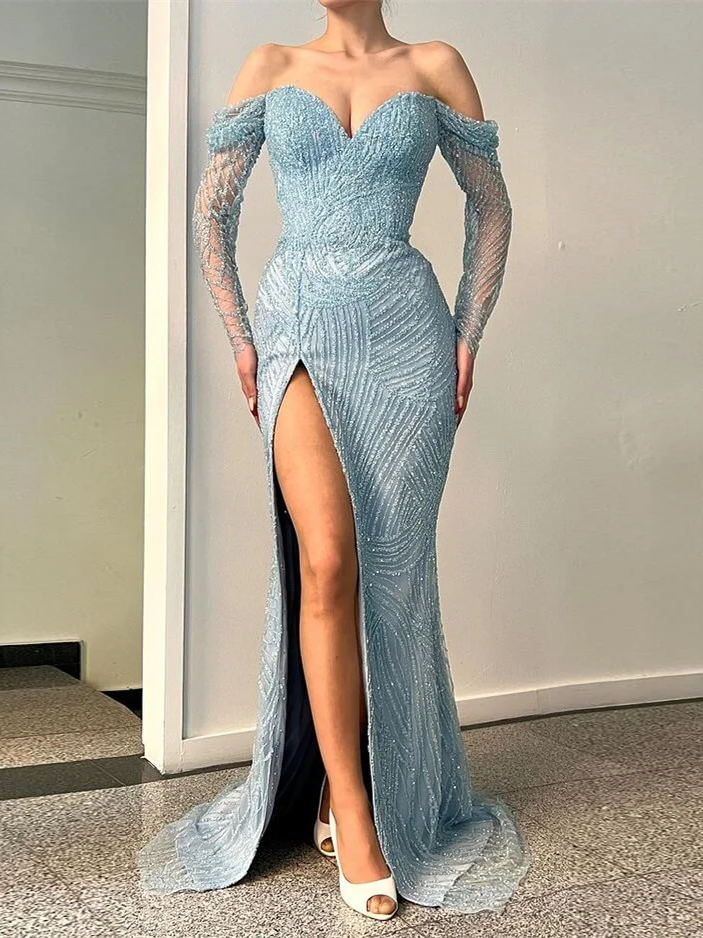 Mermaid Off The Shoulder Blue Prom Dress Sparkly Beaded Evening Gowns #POL040|Selinadress