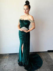 Mermaid Off-the-shoulder Dark Green Prom Dress Beaded Thigh Split Evening Dresses RYU001|Selinadress