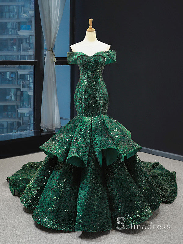 Mermaid Off-the-shoulder Dark Green Sequins Long Prom Dress Shiny Evening Gowns GRB292|Selinadress