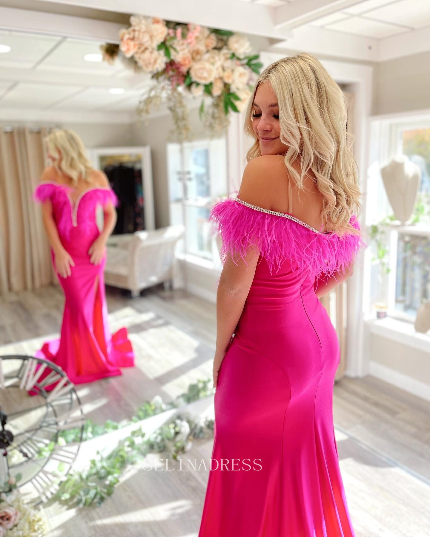 Mermaid Off-the-shoulder Fuchsia Long Prom Dress Satin Formal Dresses Evening Dress KPY011|Selinadress