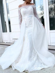 Mermaid Off-the-shoulder White Lace Wedding Dresses Long Sleeve Bridal Gowns CBD391|Selinadress