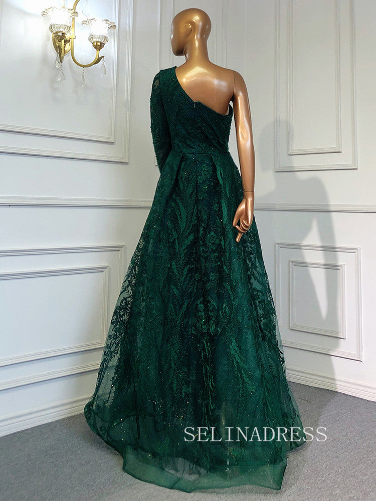 Mermaid One Shoulder Green Long Prom Dress Beaded Evening Formal Gown hlks012|Selinadress