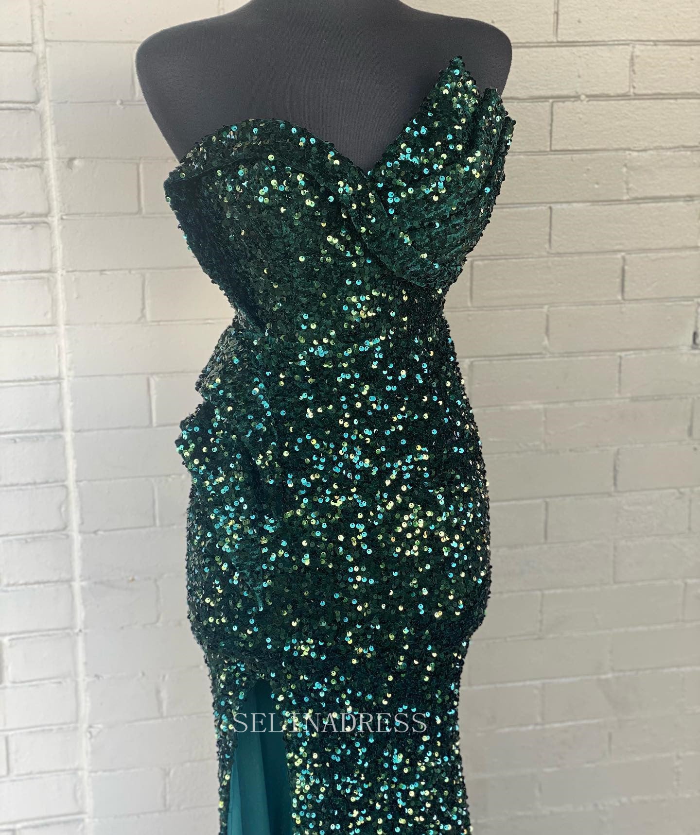 Mermaid One Shoulder Green Sequins Prom Dress Sparkly Long Formal Dresses KPY054|Selinadress