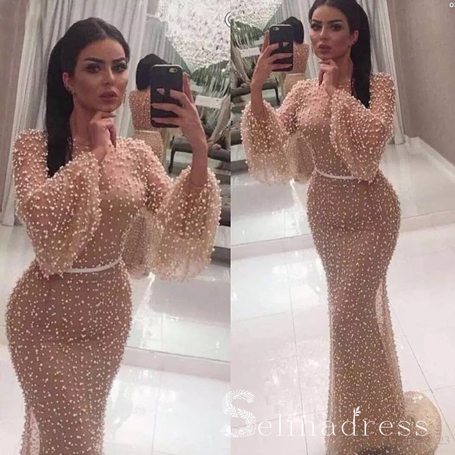 Mermaid Scoop Long Prom Dress With Sleeve Beaded Champagne Formal Gowns Evening Dress SED105B