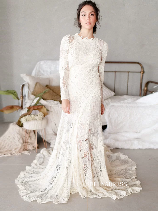 Mermaid Scoop Long Sleeve Ivory Lace Wedding Dress Rustic Boho Bride Gowns JKP009|Selinadress