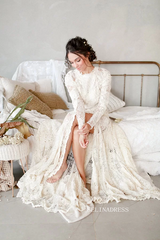 Mermaid Scoop Long Sleeve Ivory Lace Wedding Dress Rustic Boho Bride Gowns JKP009|Selinadress