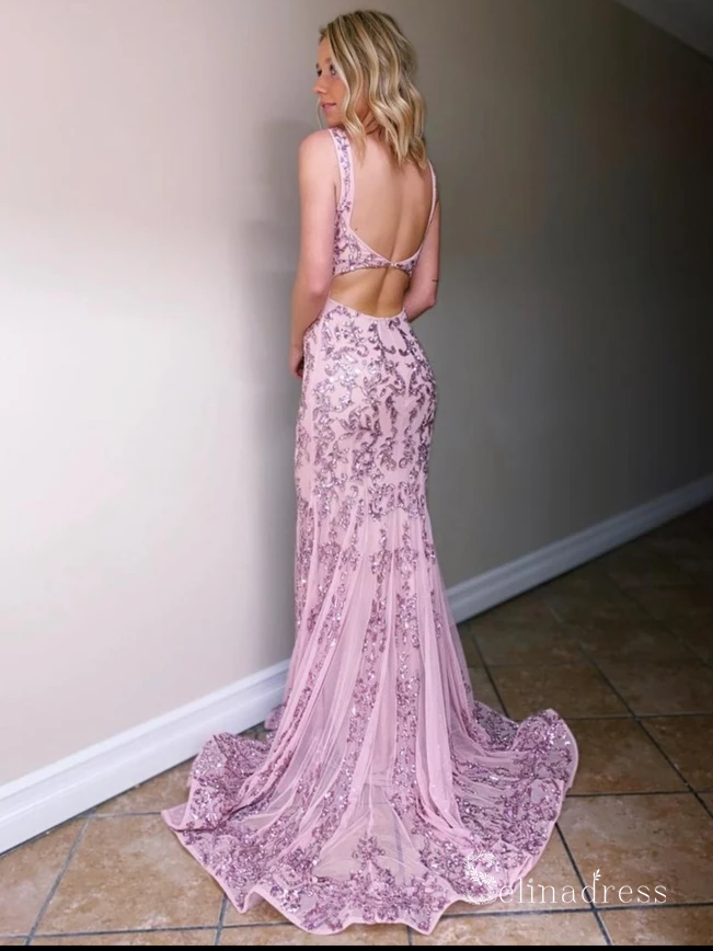 Mermaid Sequins Straps Cheap Long Prom Dresses Sexy Evening Dress CBD522|Selinadress