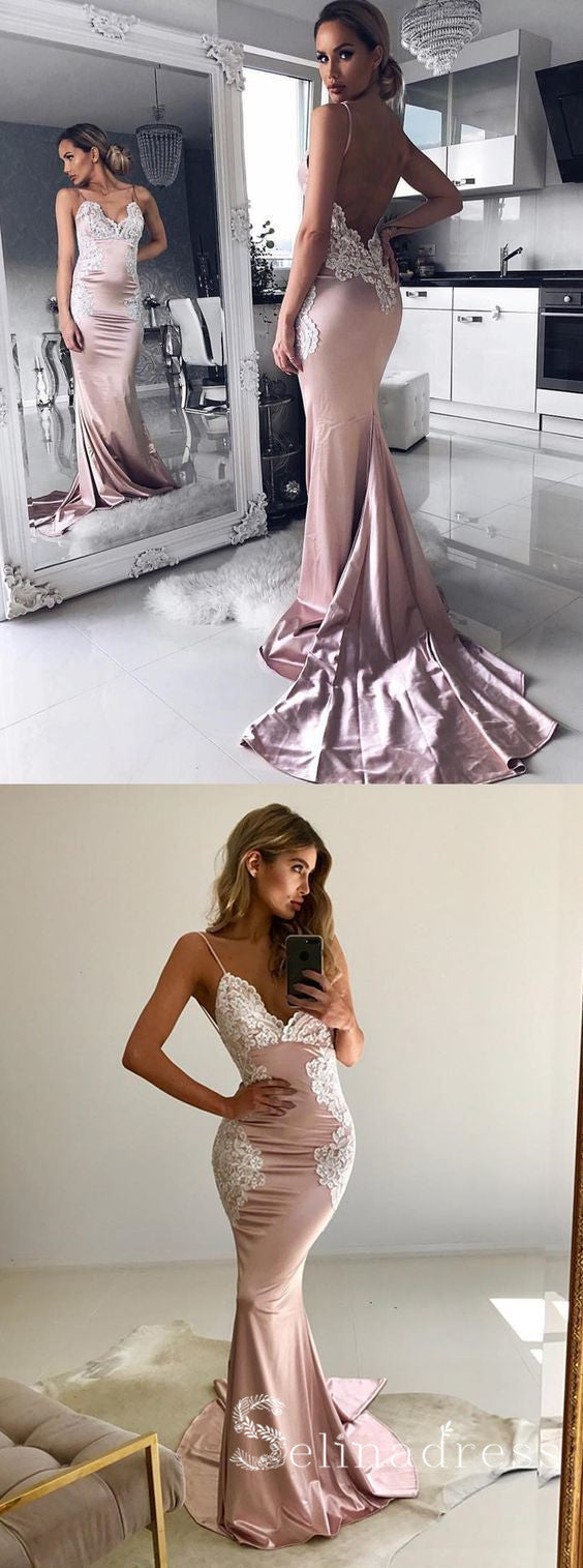 Mermaid Spaghetti Straps Lace Prom Dress Open Back Sexy Long Formal Evening Gowns SED136|Selinadress