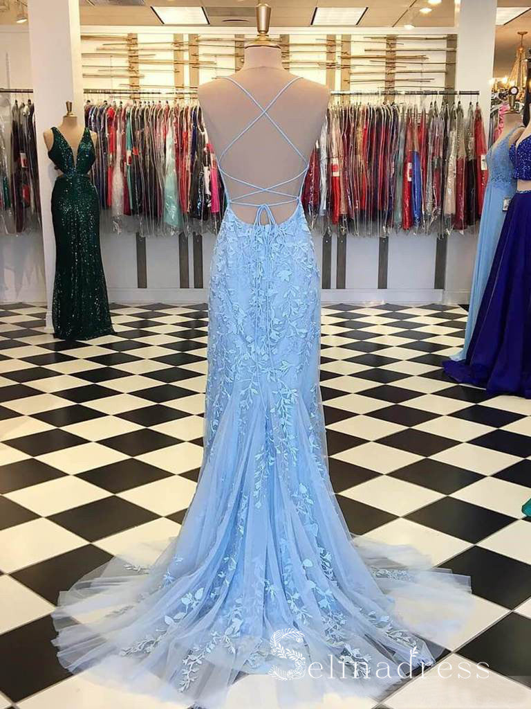 Mermaid Spaghetti Straps Prom Dresses Lilac Long Prom Dress Lace Evening Dress SED100