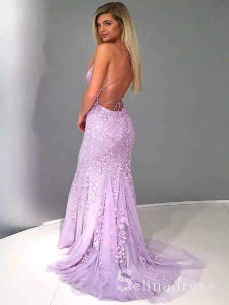 Mermaid Spaghetti Straps Prom Dresses Lilac Long Prom Dress Lace Evening Dress SED100