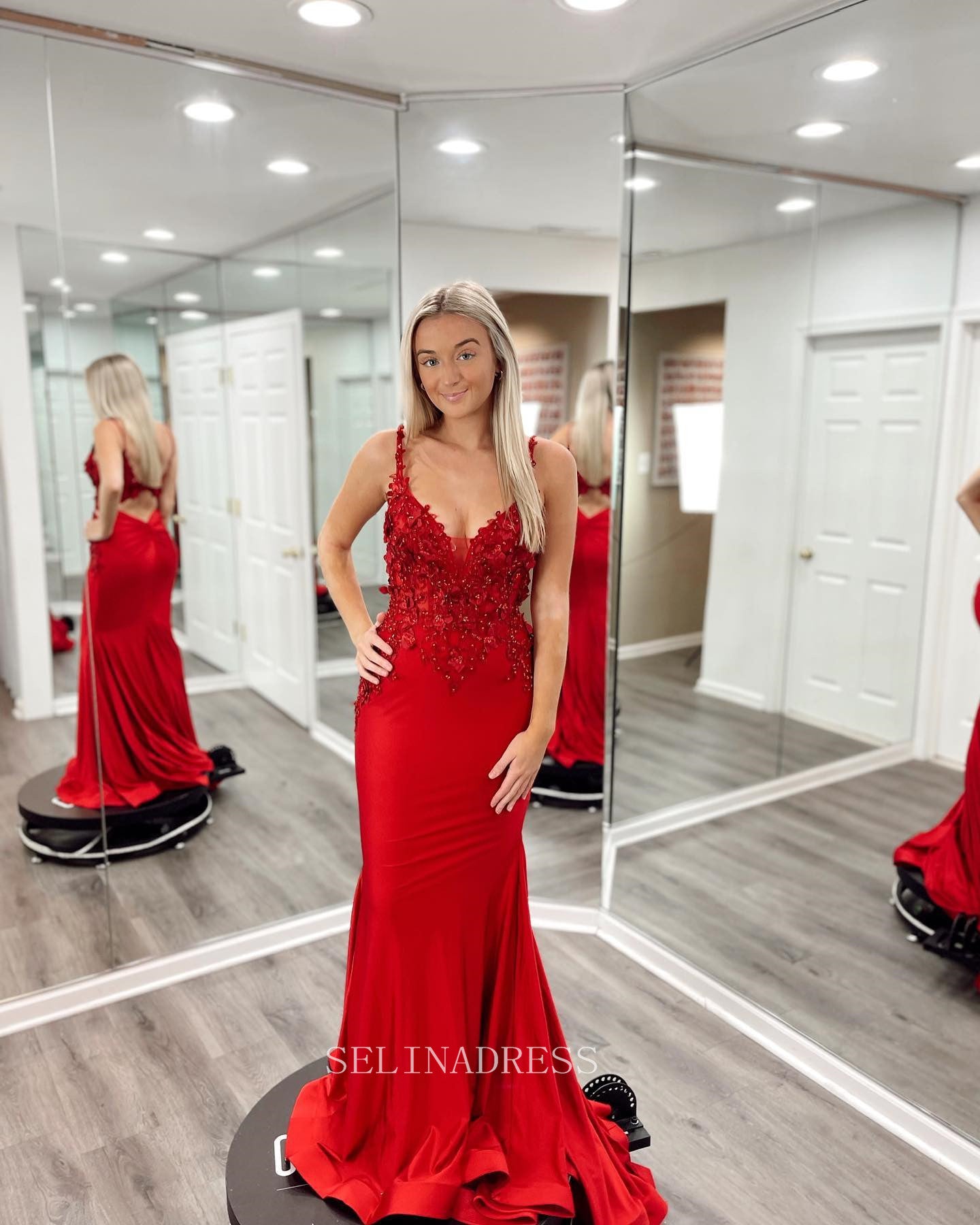 Mermaid Spaghetti Straps Red Prom Dress Beaded Red Formal Dresses Evening Dress KPY005|Selinadress