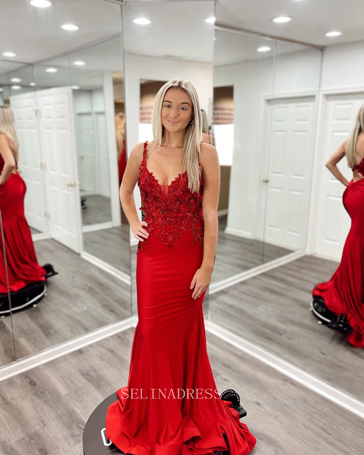 Mermaid Spaghetti Straps Red Prom Dress Beaded Red Formal Dresses Evening Dress KPY005|Selinadress