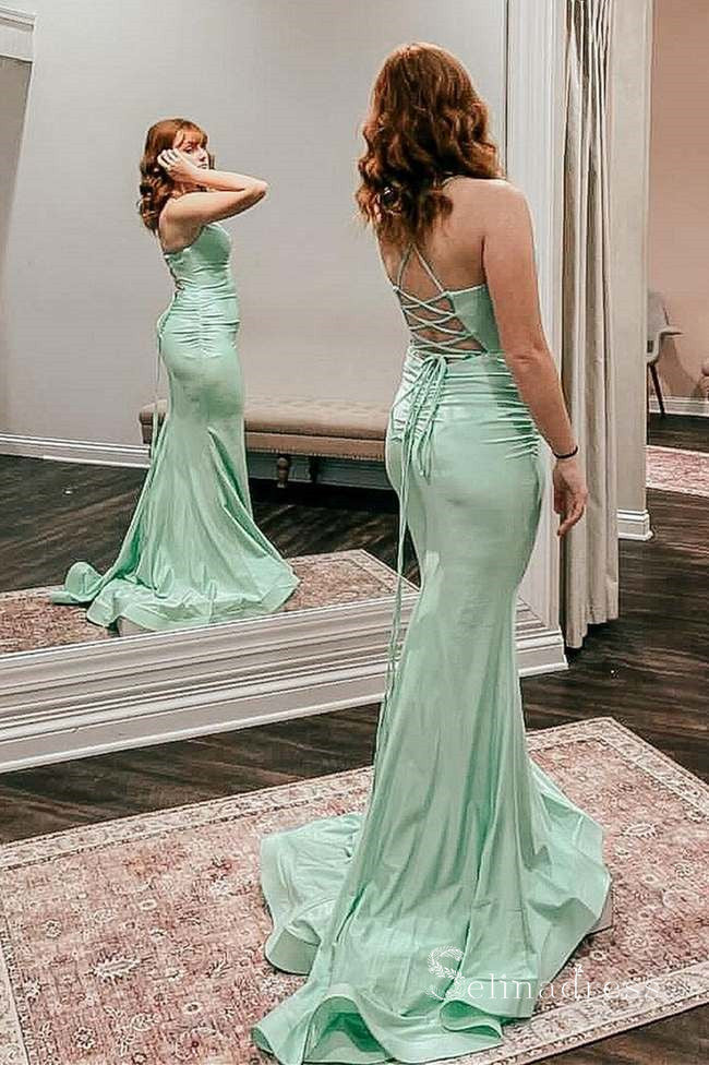 Mermaid Spaghetti Straps Simple Long Prom Dresses Satin Evening Dress MHL2880|Selinadress