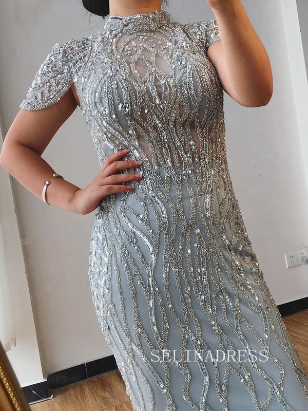 Mermaid High Neck Silver Short Sleeve Prom Dresses Sparkly Evening Gowns hlks018|Selinadress