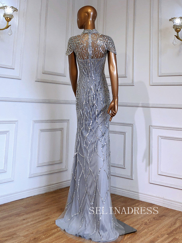 Mermaid High Neck Silver Short Sleeve Prom Dresses Sparkly Evening Gowns hlks018|Selinadress