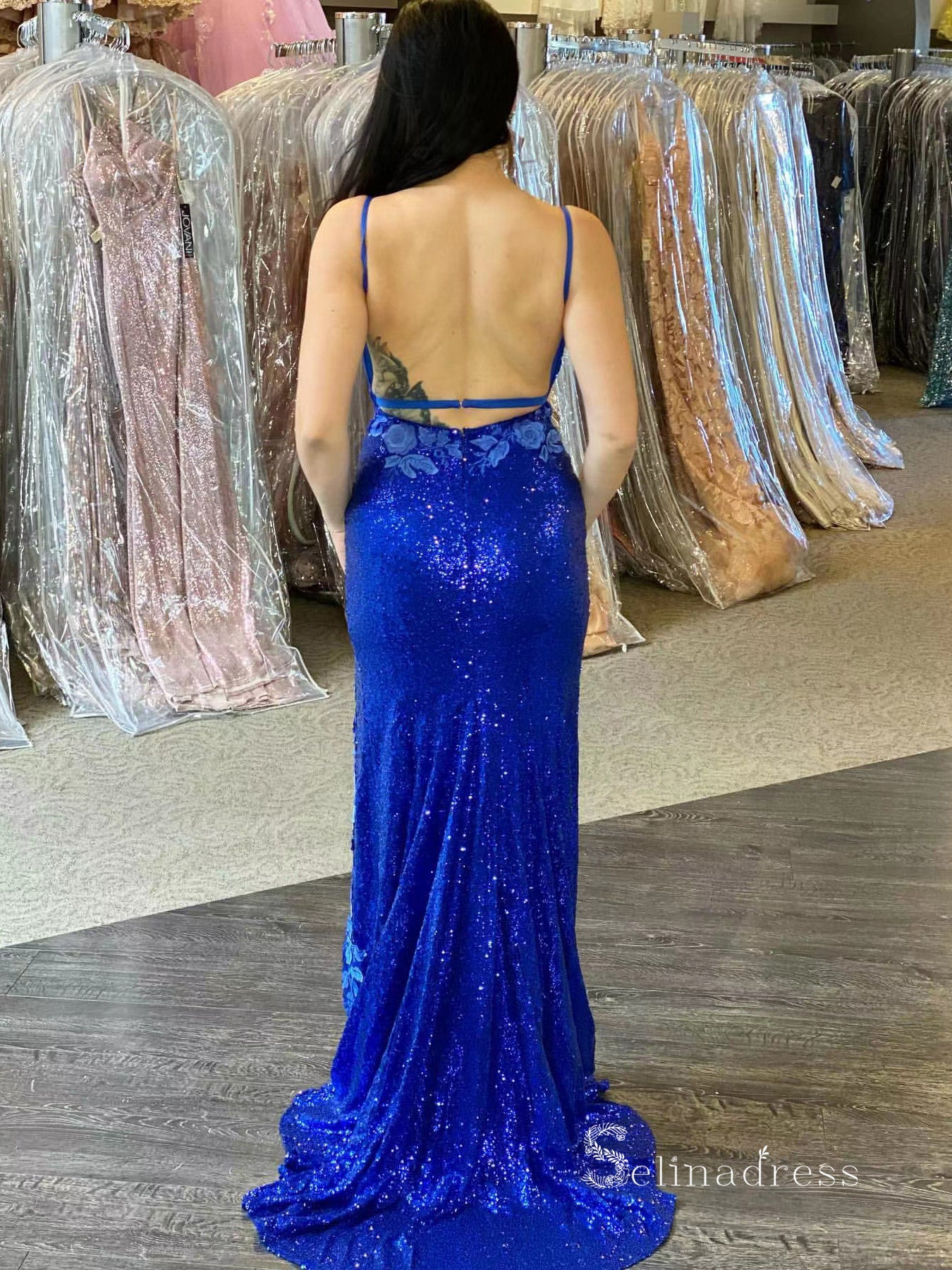 Mermaid Spaghetti Straps Sleeveless Long Prom Dresses Applique Sequins Evening Dresses MLK04882|Selinadress