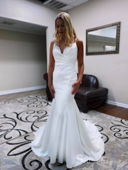 Mermaid Spaghetti Straps White Detachable Wedding Dresses Satin Wedding Gowns CBD496|Selinadress