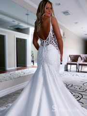 Mermaid Spaghetti Straps White Lace Wedding Dresses Satin Wedding Gowns CBD480