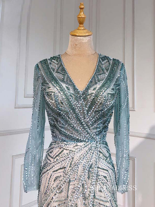 Mermaid Split Sexy Green luxury Prom Dress Long Sleeve Dubai Long Evening Formal Gowns hlkS004