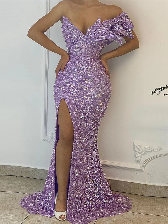 Mermaid Strapless V neck Lilac African Prom Dress Sequins Long Evening Formal Dress #POL035|Selinadress