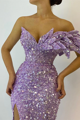 Mermaid Strapless V neck Lilac African Prom Dress Sequins Long Evening Formal Dress #POL035|Selinadress