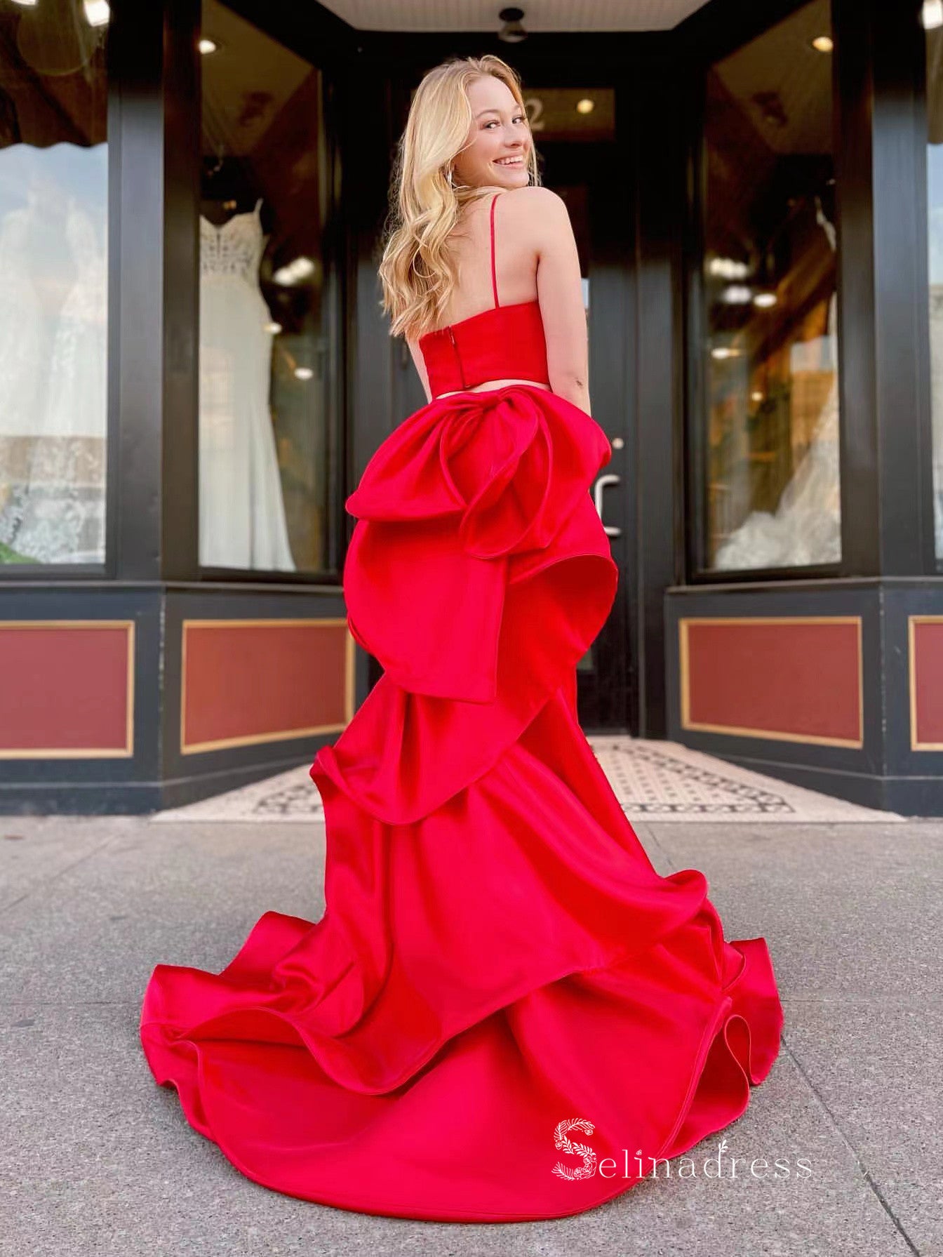 Mermaid Two Pieces Red Long Prom Dresses Spaghetti Straps Satin Evening Dresses MLK043|Selinadress