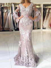 Mermaid V neck Lace Long Sleeve Prom Dresses Cheap Evening Dress MHL161|Selinadress