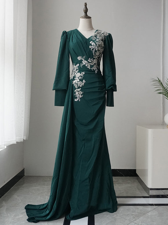 Emerald Green Lace Applique Mermaid Forest Green Evening Gown With V Neck  And Long Sleeves For Groom, Wedding, Mother Of The Bride, And Formal  Parties From Lovemydress, $93.08