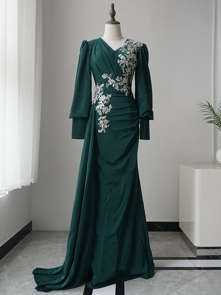 Emerald Green Lace Applique Mermaid Forest Green Evening Gown With V Neck  And Long Sleeves For Groom, Wedding, Mother Of The Bride, And Formal  Parties From Lovemydress, $93.08