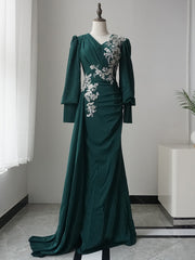 Mermaid V neck Long Sleeve Prom Dress Applique Dark Green Evening Dresses GKF006|Selinadress