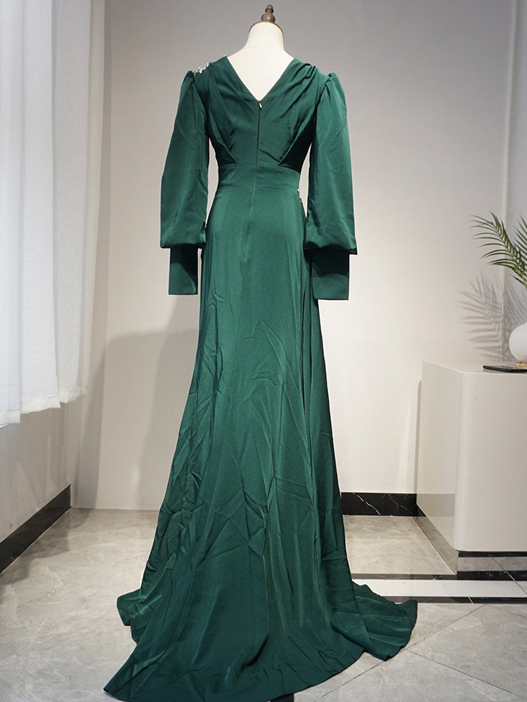 Mermaid V neck Long Sleeve Prom Dress Applique Dark Green Evening Dresses GKF006|Selinadress