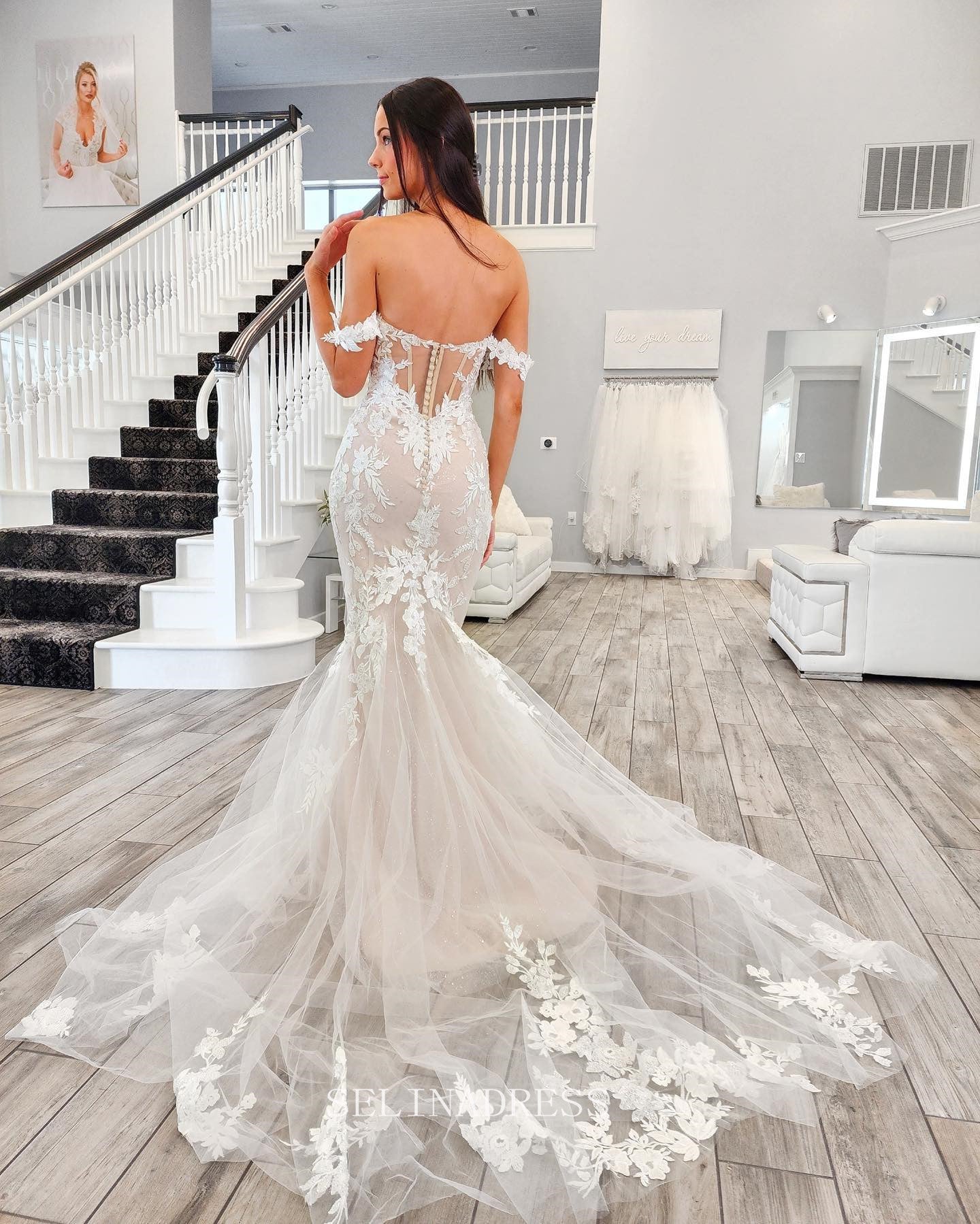 V neck Long Sleeve Lace Wedding Dresses Rustic Chiffon Wedding Dress SEW046  – SELINADRESS