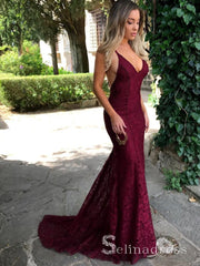 Mermiad Open Back Burgundy Prom Dresses Sexy V neck Lace Long Formal Dress SED113|Selinadress