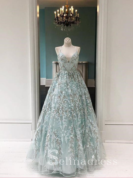 Round Neck Mint Green Lace Long Prom Dresses, Long Green Lace Formal  Dresses, Green Evening Dresses