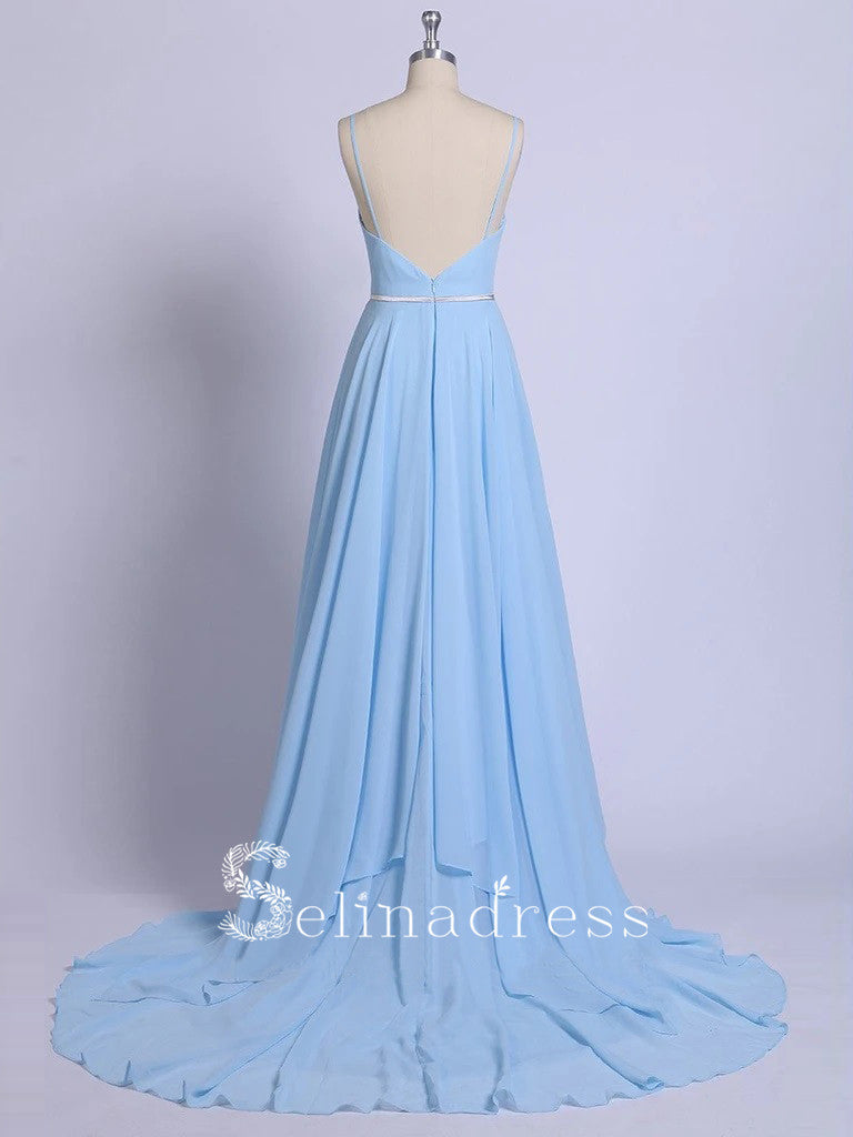 Thigh Split Sky Blue Rustic Wedding Dresses Prom Dress Beach Wedding Gown with Court Train SE009