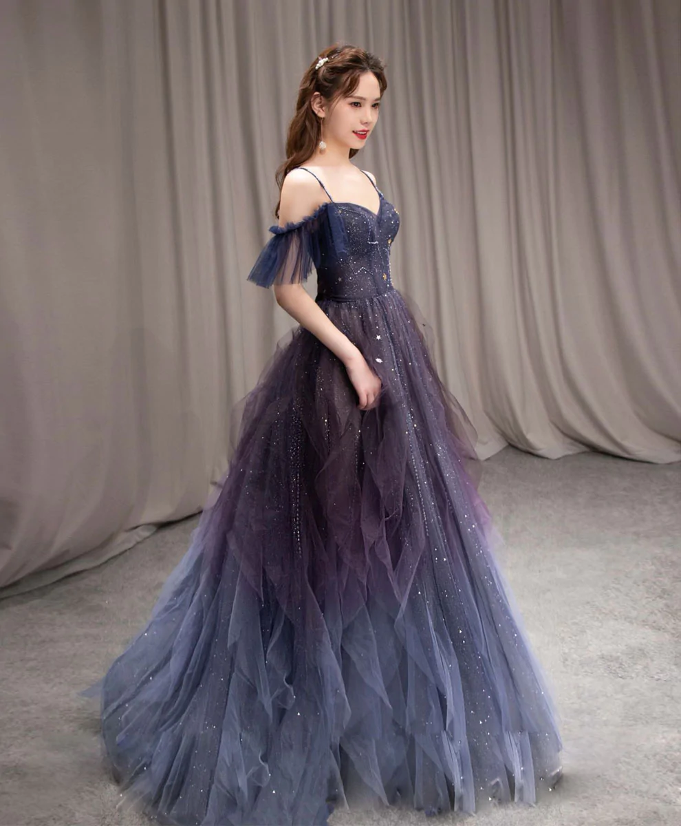 Navy Blue Tulle Long Prom Dress A-line Navy Blue Formal Party Dresses Graduation Dresses LO9321|Selinadress