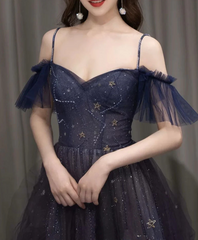 Navy Blue Tulle Long Prom Dress A-line Navy Blue Formal Party Dresses Graduation Dresses LO9321|Selinadress