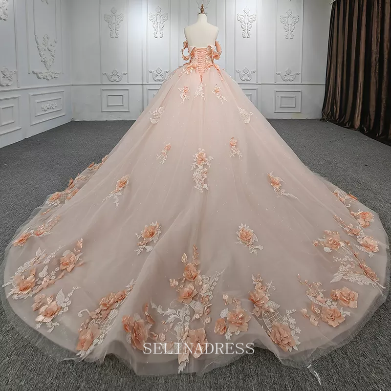 Off Shoulder Flower Tulle Ball Gown Quincess Ladies Evening Dresses DY9956 Selinadress