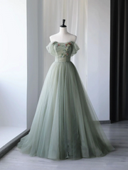 Off Shoulder Tulle Gray Green Long Prom Dress Beautiful Formal Graduation Dresses LOP350|Selinadress