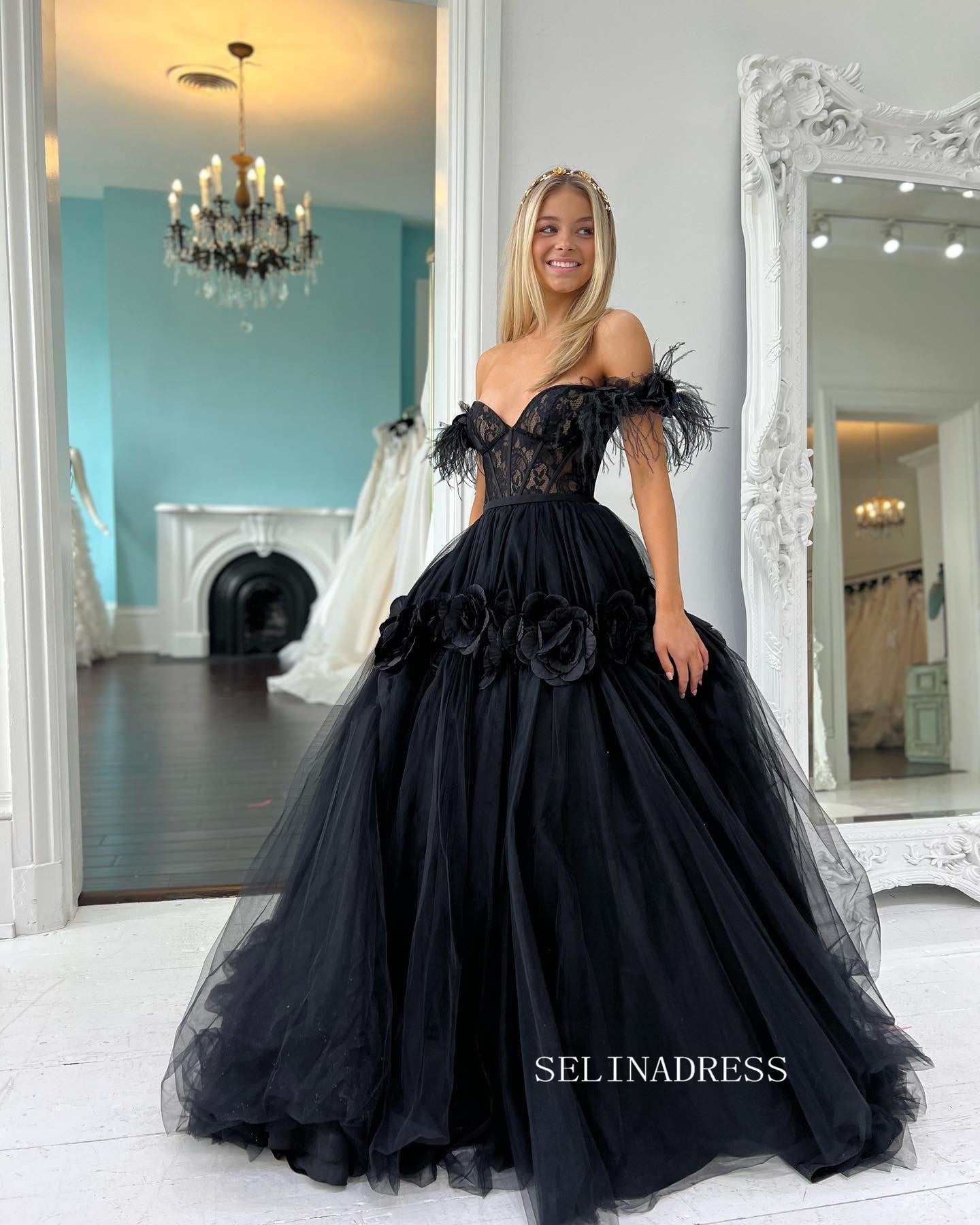 Off the shoulder Ball Gown Prom Dress Elegant Black Pagaent Dress Prin SELINADRESS