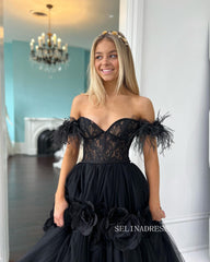 Off-the-shoulder Ball Gown Prom Dress Elegant Black Pagaent Dress Princess Dress #JKP008|Selinadress