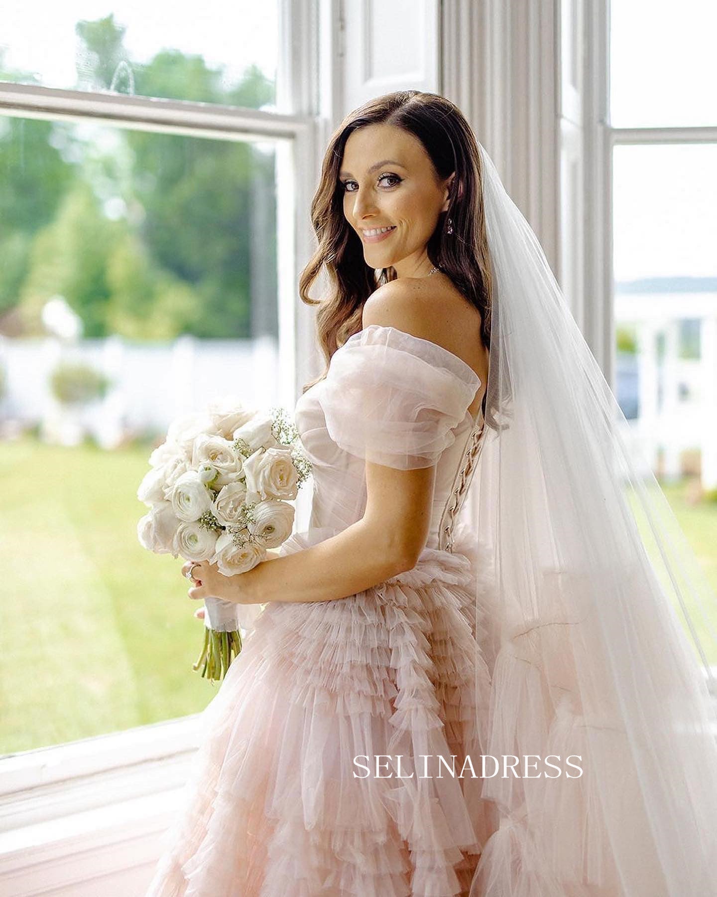 Off-the-shoulder Gorgeous Wedding Gown Frill Layered Blush Pink Ball Gown Wedding Dress #JKW014|Selinadress