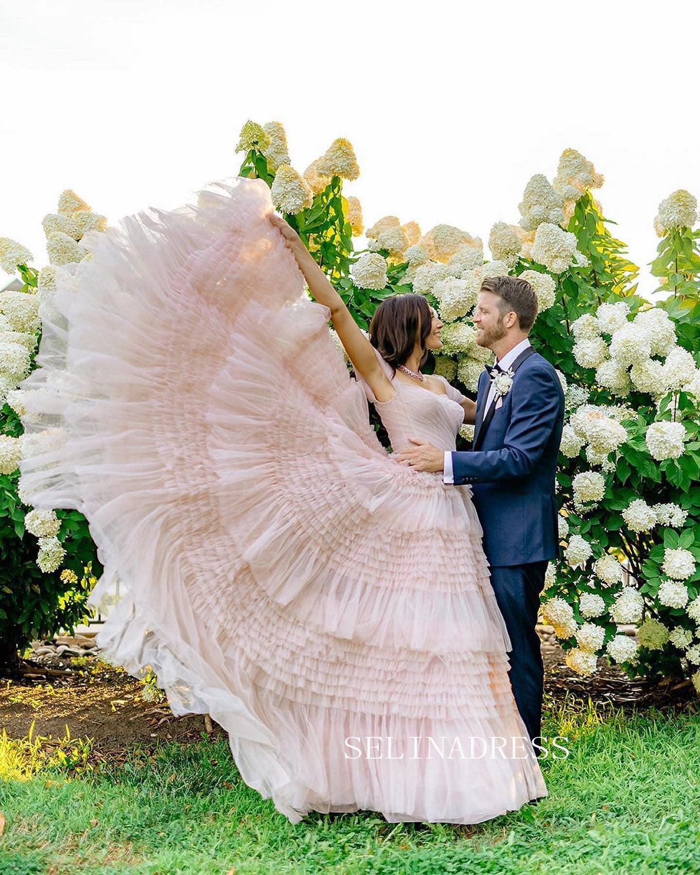 Off-the-shoulder Gorgeous Wedding Gown Frill Layered Blush Pink Ball Gown Wedding Dress #JKW014|Selinadress