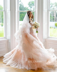 Off-the-shoulder Gorgeous Wedding Gown Frill Layered Blush Pink Ball Gown Wedding Dress #JKW014|Selinadress