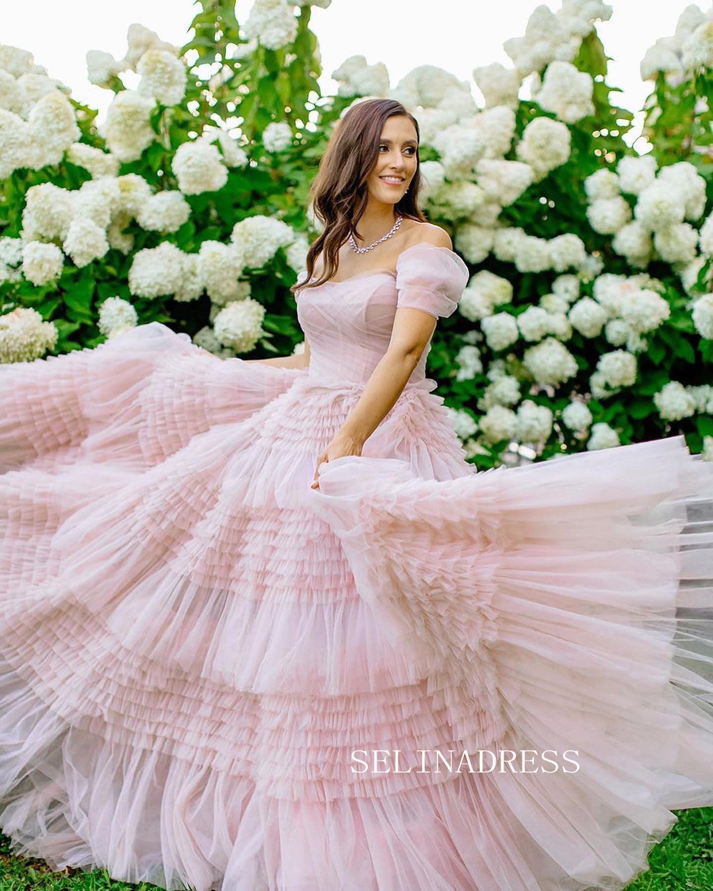 Off-the-shoulder Gorgeous Wedding Gown Frill Layered Blush Pink Ball Gown Wedding Dress #JKW014|Selinadress