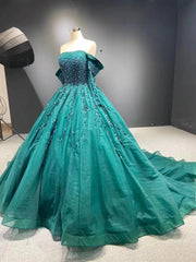 Off the shoulder Long Sleeve Green Ball Gown Wedding Dress RSM67497