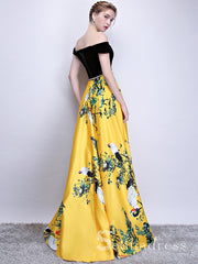 off-the-shoulder-prom-dress-yellow-print-floral-satin-long-prom-dresses-evening-dress-sed101